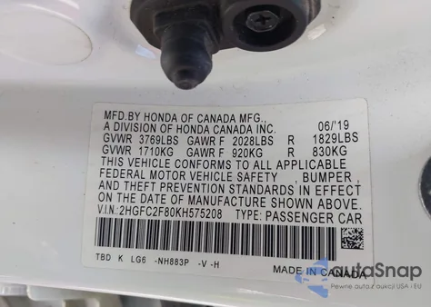 2019 Honda Civic Sport z USA, uszkodzony, nr VIN 2HGFC2F80KH575208